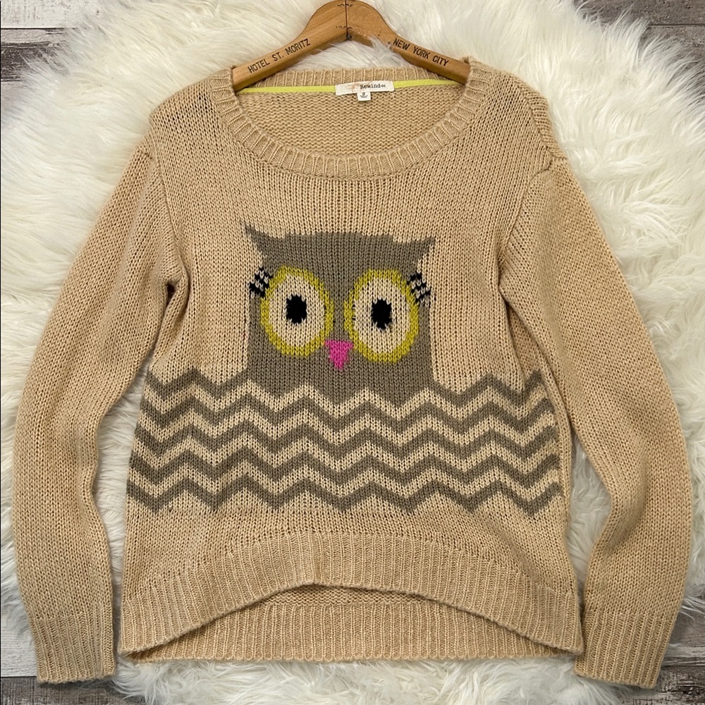 REWIND Owl Pattern Beige Sweater